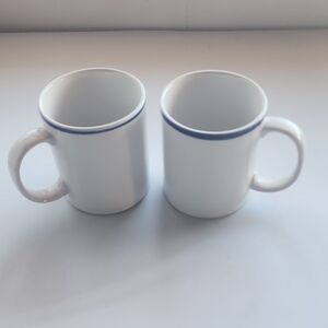 2 Signature Stoneware, Classic White Mugs with Blue Trim. Japan